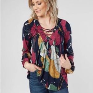 Daytrip Navy Multi Floral Lace Tie Front Top NWT